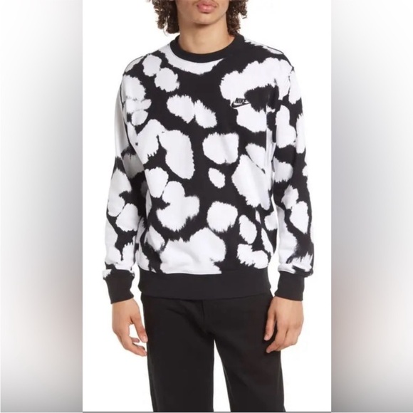 NEW French Terry NIKE Crewneck Pullover Sweatshirt Black White Spots Cow Tie Dye - Picture 1 of 8
